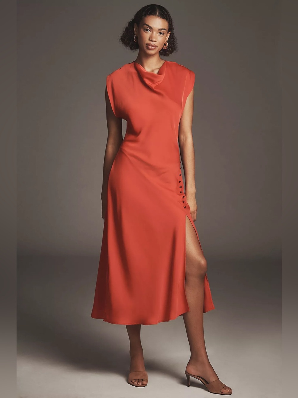 Anthropologie Maeve Cowl Neck Button Side Midi Satin Dress